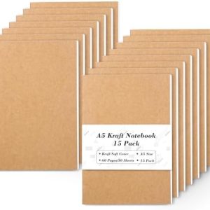 feela 15 Pack A5 Kraft Notebooks, 60 Lined Blank Pages Travel Journal Bulk, Soft Cover Notebooks for Women Girls Students, Making Plans Writing Memos Office School Supplies, 8.3 X 5.5 in