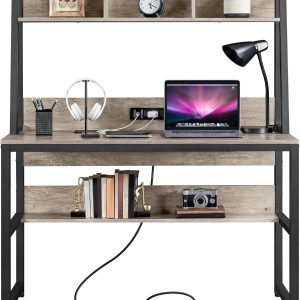 Yaheetech Home Office 47 Inch Writing Desk with Power Outlets and 2 USB Charging Ports for Studying, Gaming Table Computer Desk with Hutch and Bookshelf, Metal Frame Workstation for Office, Gray
